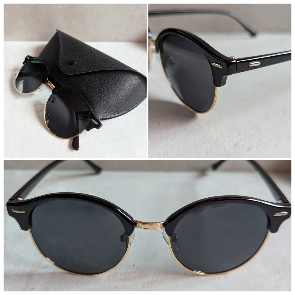Classic Round Black and Gold Unisex Sunglasses with Case